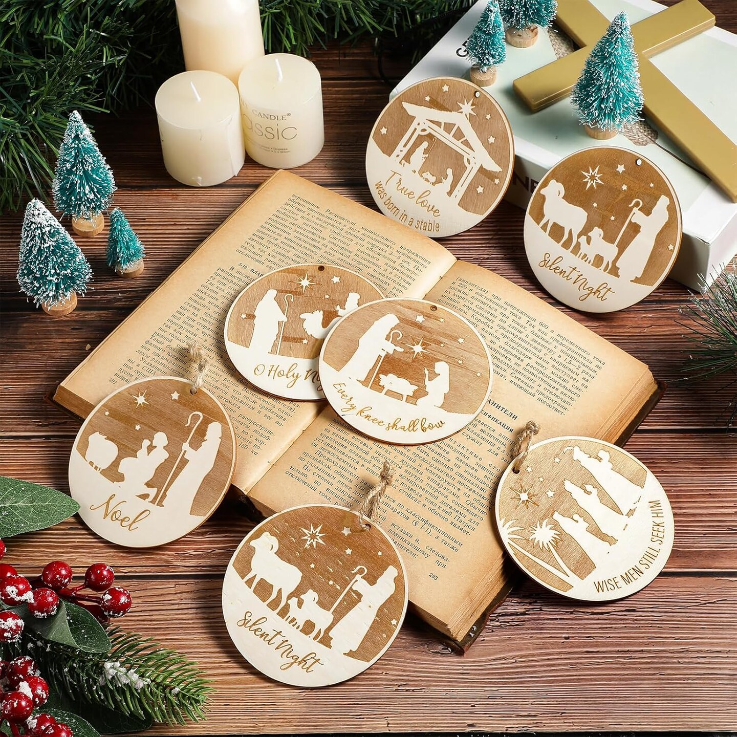 24 Pieces Christmas Nativity Scene Ornaments Round Christmas Hanging Tags Farmhouse The Birth of Jesus Christmas Tree Decorations Religious Gift for Family Home Xmas Decor