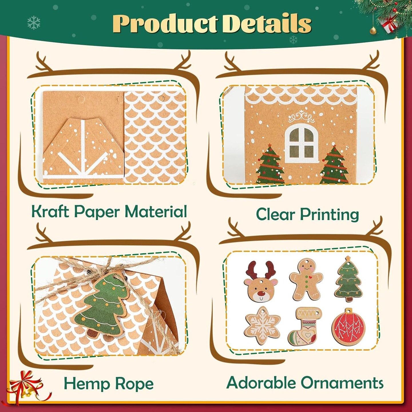 Small Christmas Treat Boxes 20Pcs Christmas Candy Cookie Boxes with 24 Ornaments Tags, Mini Christmas Party Gift Boxes Kraft Paper Gift Wrap Bags for Xmas Party Favors Gifts Wrapping