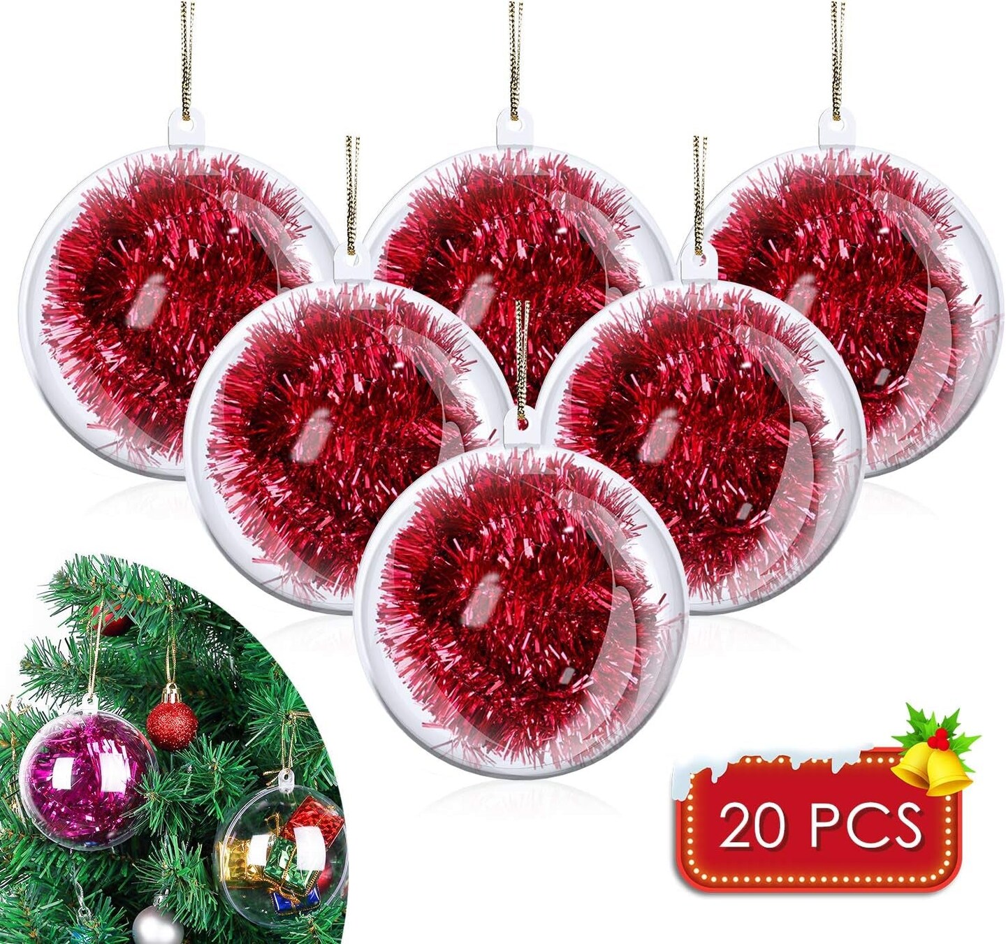 20 Pack DIY Ornament Clear Fillable Baubles Craft Christmas Decorations Tree Ball for New Years Present Holiday Wedding Party Home Decor Bath Bomb (3.15&#x201D;)