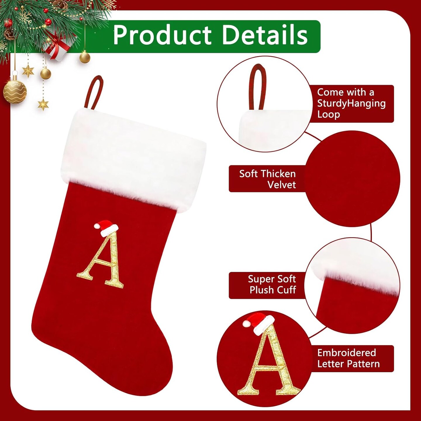 20 Inches Red Velvet with White Super Soft Plush Cuff Monogram Christmas Stockings, Xmas Personalized Embroidered Letter Stockings for Family Holiday Decorations and Xmas Tree Fireplace(S)