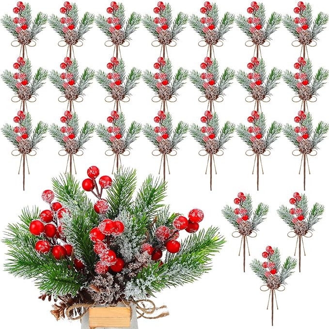 Crafts White Red Berry Stems Artificial Pine Branches with Snowflakes Flocked Holly Holiday Floral Picks for DIY Xmas Tree Winter Decor (Red Colors)