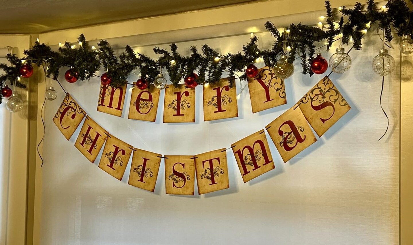 Merry Christmas Banner Vintage Xmas Banner Retro Christmas Banner Christmas Decorations Retro Nostalgic Traditional Old Fashioned Victorian Xmas Holiday Decor for home mantel Fireplace