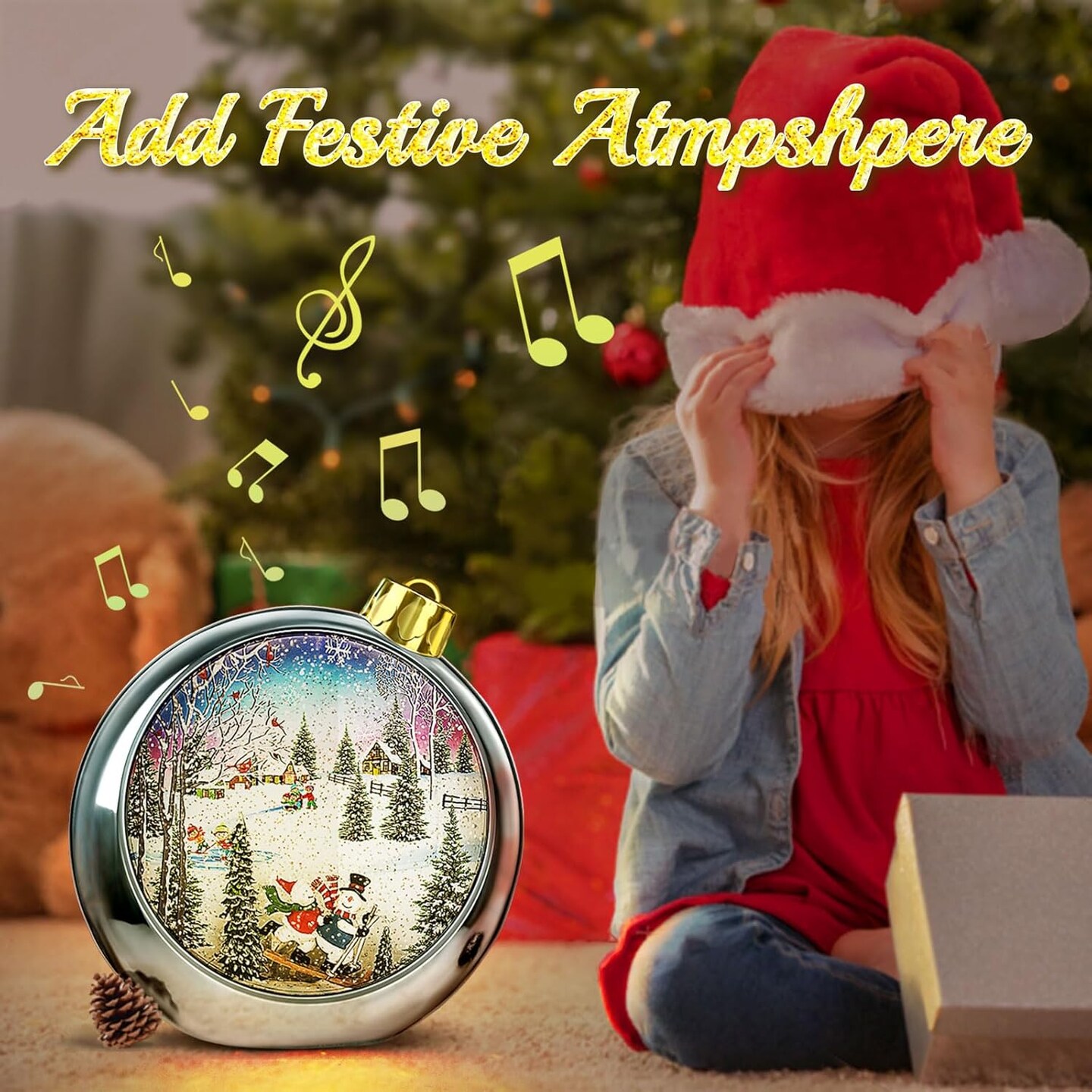 Big Christmas Snow Globes Lighted,6H Timer Snow Globes Bling Snow Globes Christmas Music Box 8 Songs, Silver Round Lantern with Xmas Tree