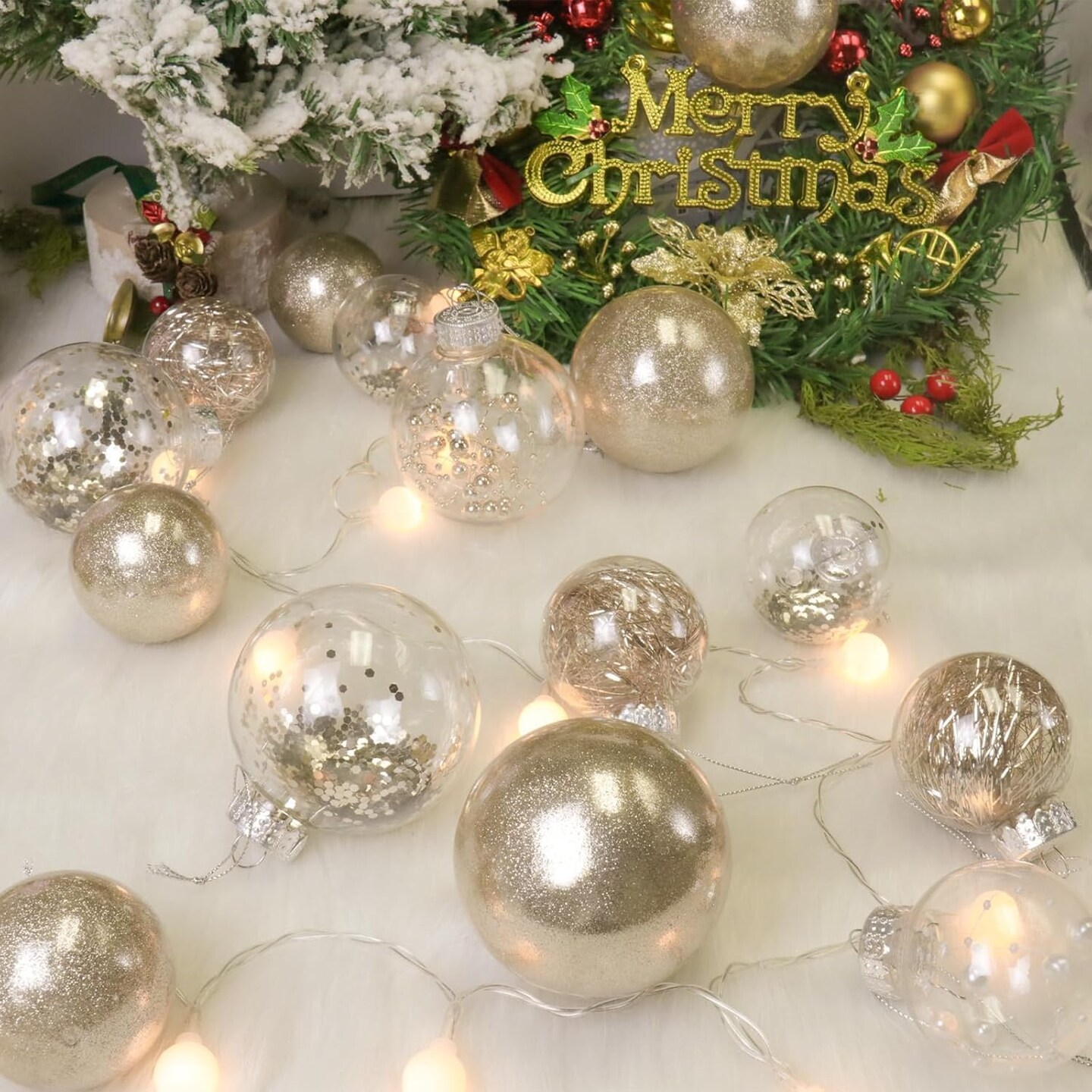 Champagne Christmas Ornaments Set, 24PCS 2.36&#x22; Christmas Tree Ornaments, Shatterproof Clear Plastic Christmas Ball Ornaments, Hanging Xmas Baubles with Stuffed Delicate Decorations
