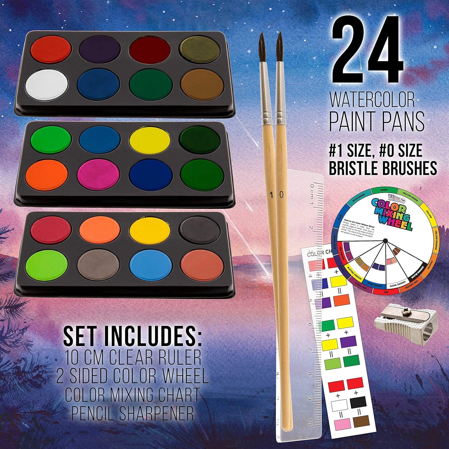 The 162-piece Deluxe Mega Wood Box Art Painting and Drawing Set includes an artist&#x27;s painting pad, two sketch pads, 24 watercolor paint colors, 24 oil pastels, 24 colored pencils, 60 crayons, and two brushes.