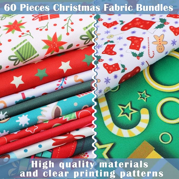 60 Pieces Christmas 10 x 10 Inch Fabric Bundles Sewing Quilting Fabric Happy Christmas Santa Claus Elk Snowflake Christmas Tree Printing Fabric Squares Craft Fabric for Patchwork Sewing DIY Party