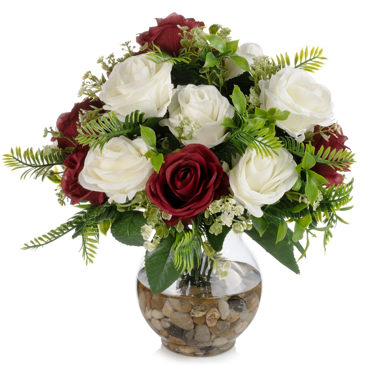 18 Heads Silk Rose Artificial Flowers in Vase,Faux Rose Flowers Arrangement in Round Bowl Vase with Faux Water and River Rock for Table Deco - image16