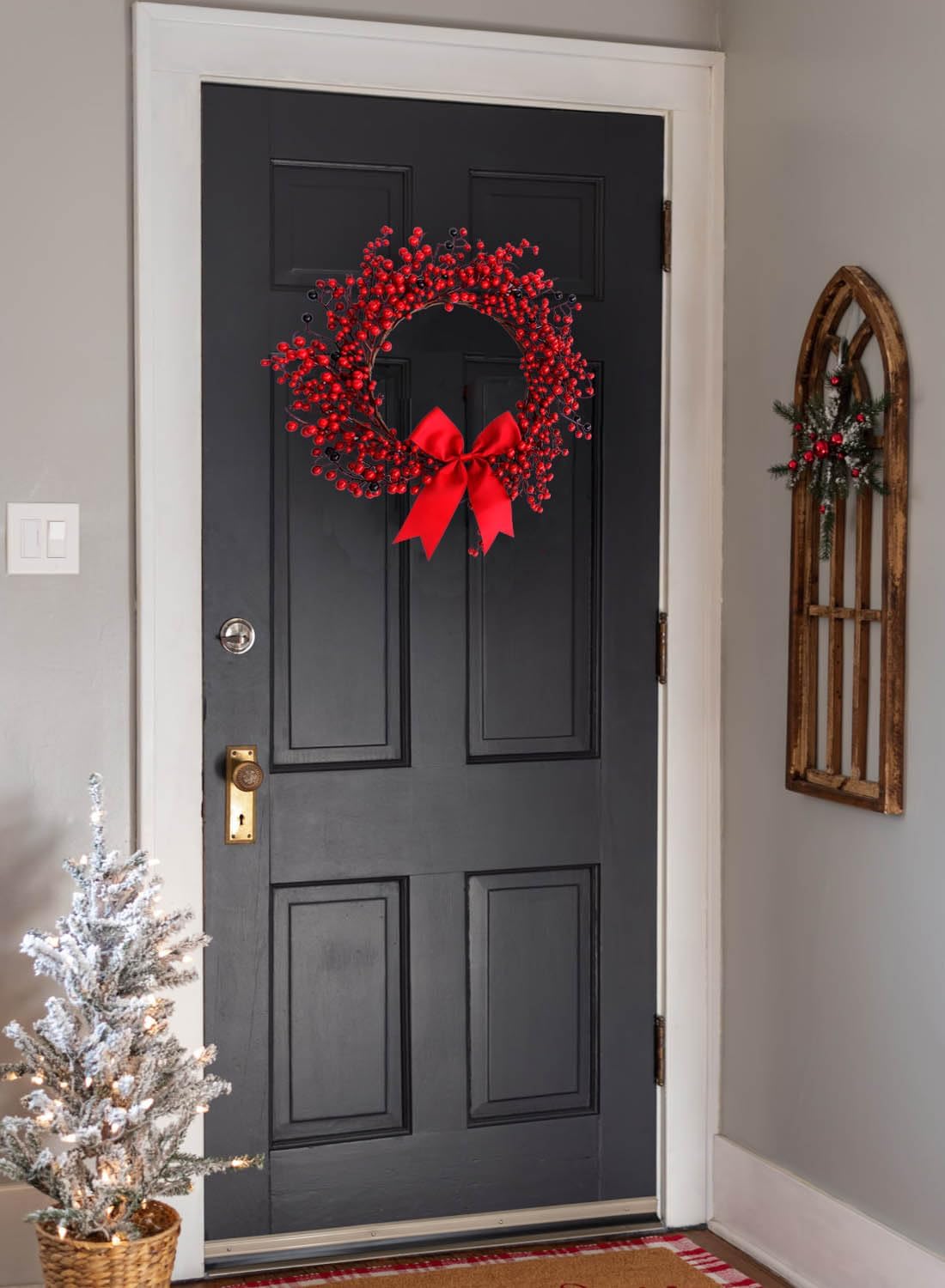 18 Inch Artificial Christmas Wreath for Door Red Berry Wreath Xmas Holiday Winter Wreath with Bowknot Christmas Wreath Decorations for Front Door Home Indoor Outdoor Farmhouse Wall Window
