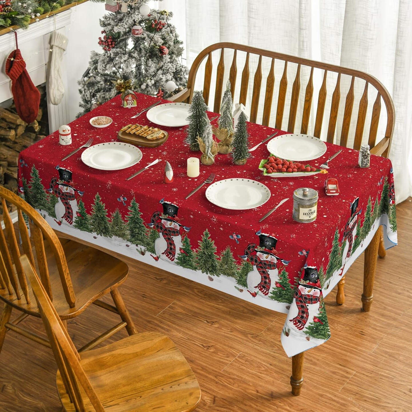 Christmas Tablecloth 60&#xD7;84 Inch, Winter Snowman Trees Red Washable Table Cover for Party Picnic Dinner Decor