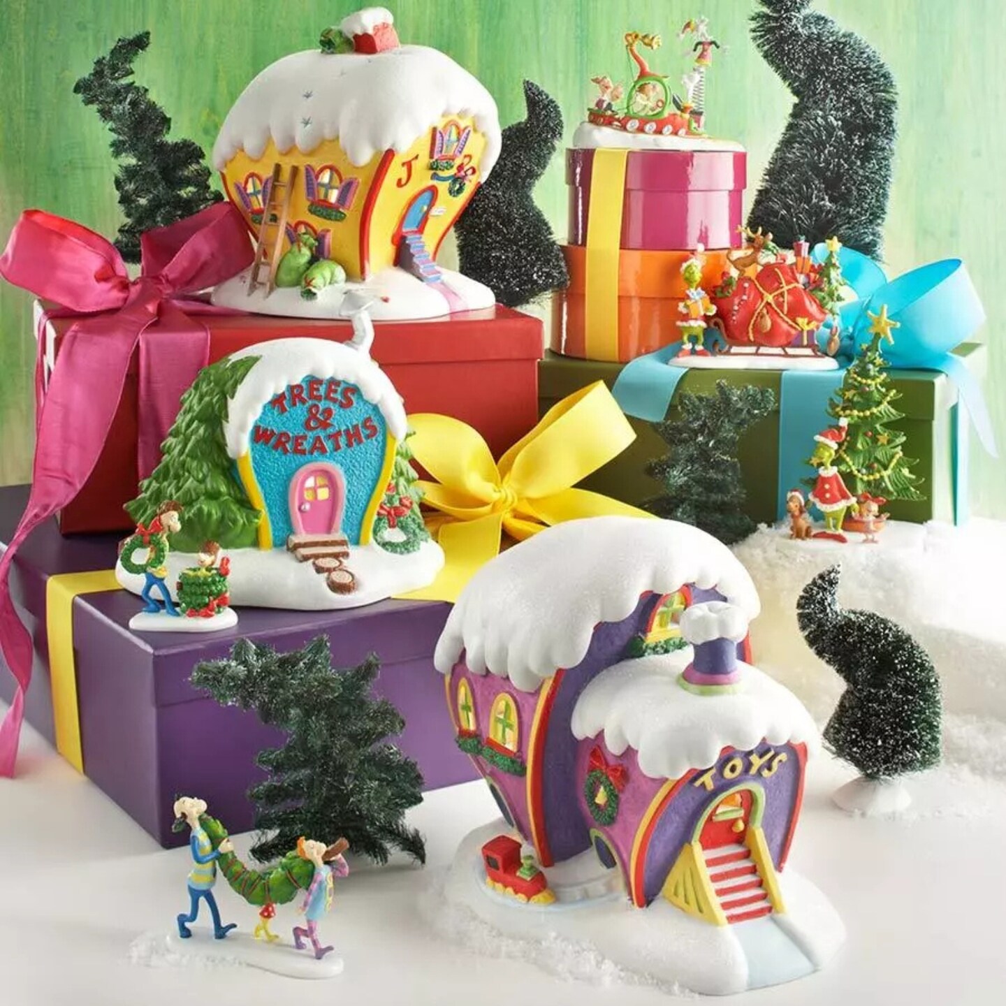 Kitcheniva Wonky Trees Grinch Village Christmas Ornaments Set of 2