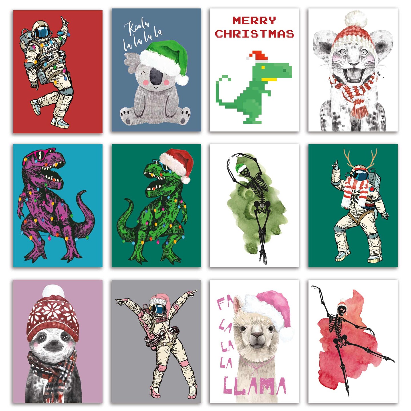 Kid-Friendly Christmas Cards - 24-Pack Fun Holiday Greeting Cards with 12 Playful Animal and Astronaut Designs, Perfect for Sharing Merry Christmas & Happy Holiday Wishes, Blank Inside for Personalized Messages - Whimsical and Cheerful Stationery Set