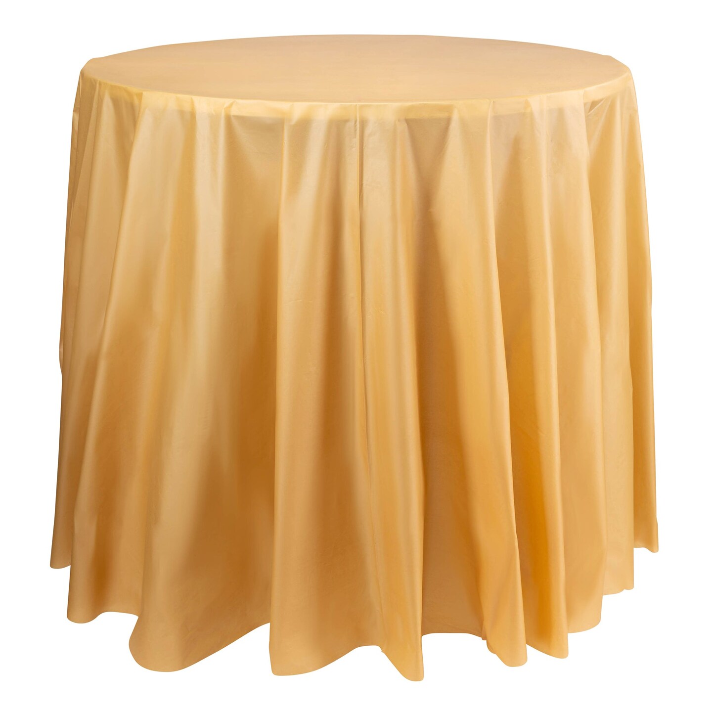 Gold Round Disposable Plastic Tablecloths - 84&#x22; (96 Tablecloths)