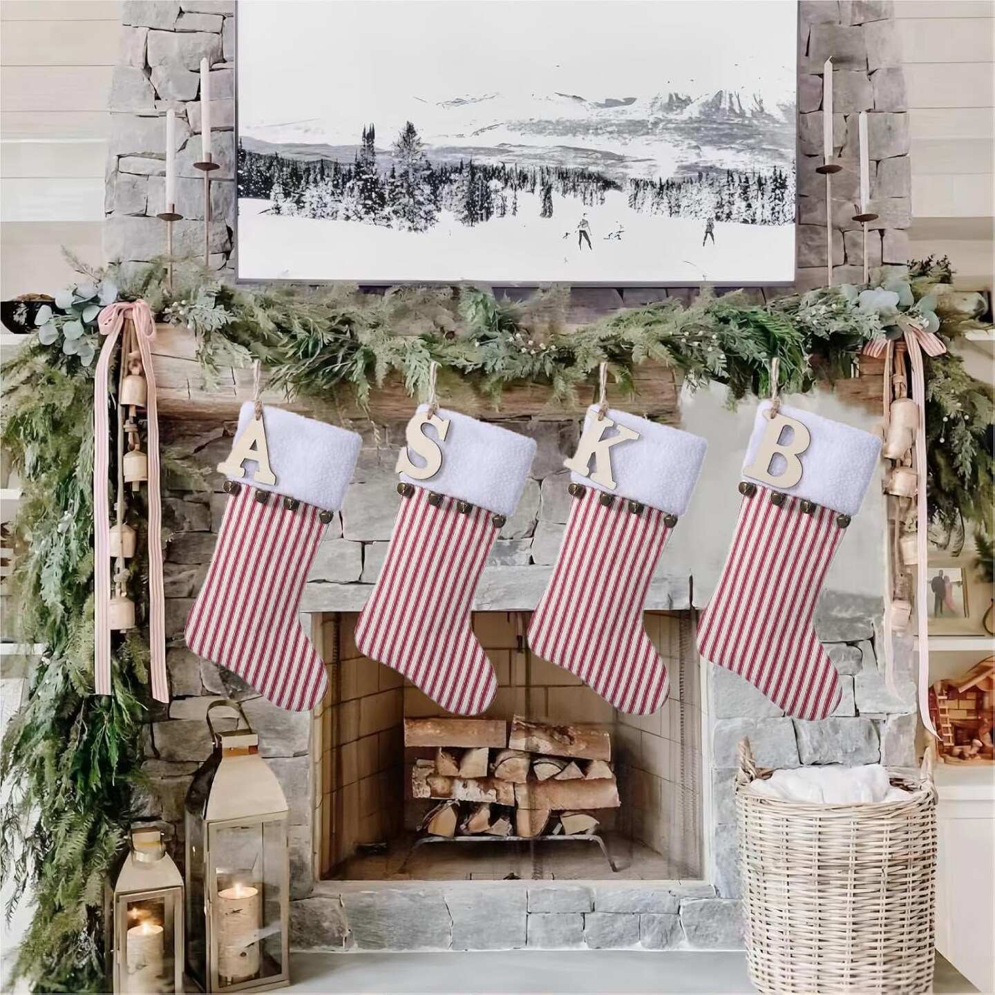 19.5 inch Red Vertical Stripe Christmas Stocking w/Bells, Personalized Wooden Initial Monogram Christmas Stocking, Holiday Xmas Party Decorations (J)