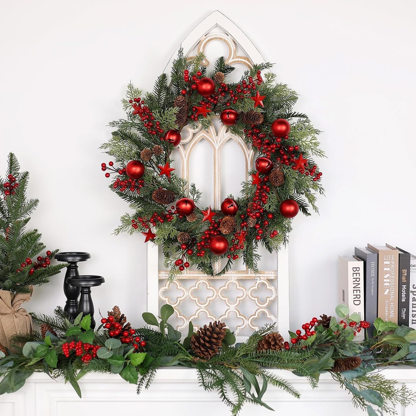 Christmas Red Wreaths for Front Door 20 Inches, Xmas Farmhouse Winter Wreath with Bells Balls Berry Stars for Window Outdoor Outside, Artificial Holiday Rustic Wreath for Indoor Porch Decor