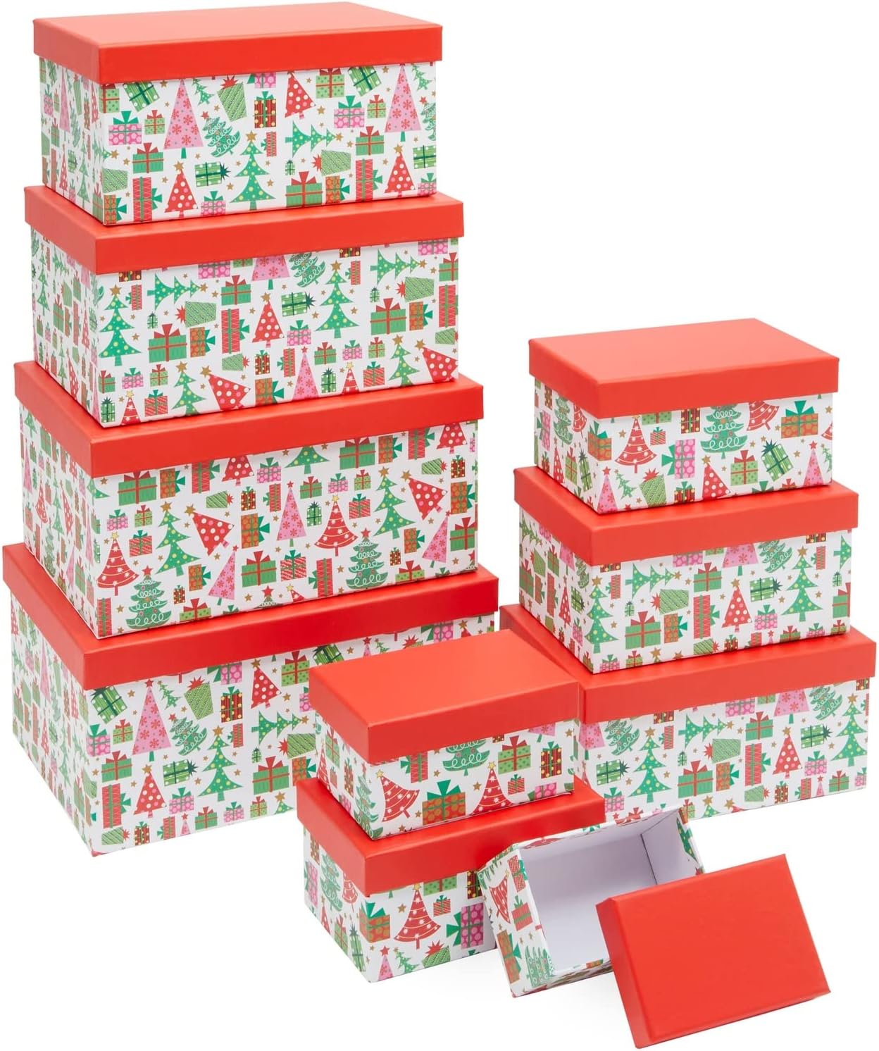 10 Pack Nesting Christmas Gift Boxes with Red Lids for Presents ...