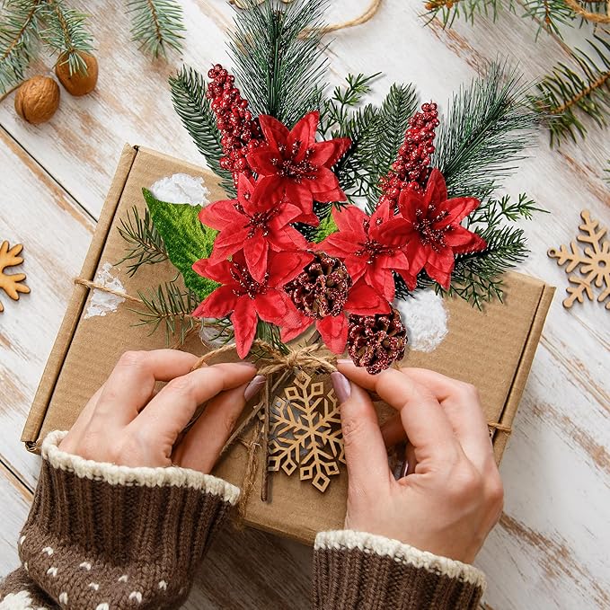 Poinsettia Picks Faux Berries Pine Stems Red Berry Pine Branches with Pine Cones Poinsettia for Xmas Tree Wreath DIY Craft Floral Arrangement Holiday Decor (Red)