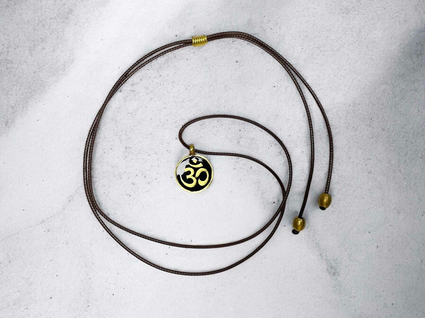 Om Black Gold Spiritual Yoga Ohm Pendant Adjustable Leather Cord