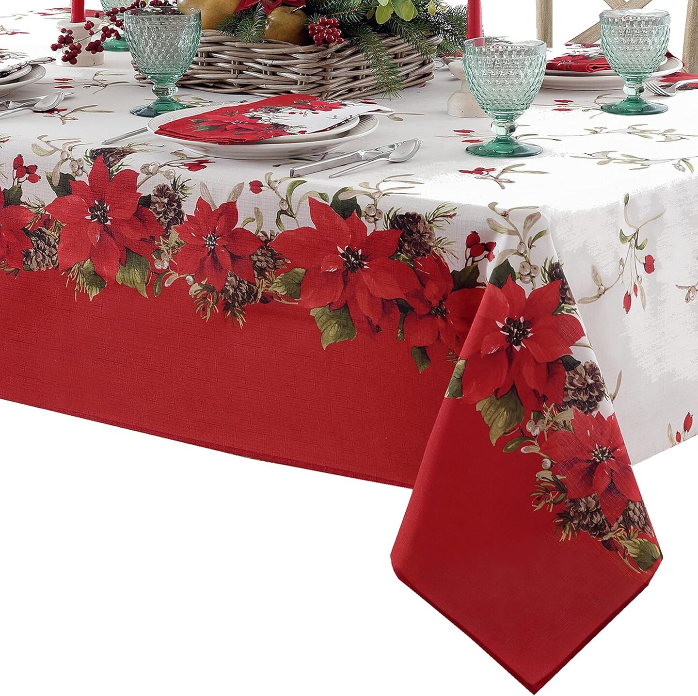 Christmas Blooming Poinsettia’s Double Bordered 60 x 102 inch Rectangle Fabric Tablecloth, Holiday Red and White Poinsettia Dining Table Cover
