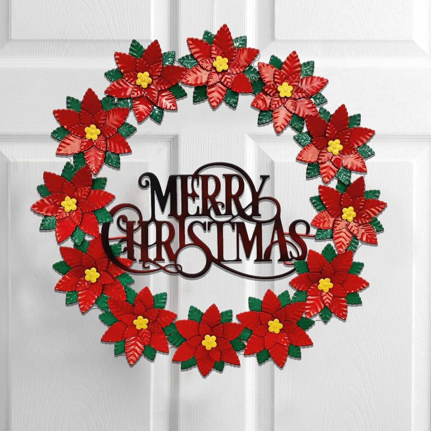 16&#x201D; Metal Christmas Wreath for Front Door, Poinsettias Handcrafted Holiday Xmas Door Wreaths Clearance Porch Decorations