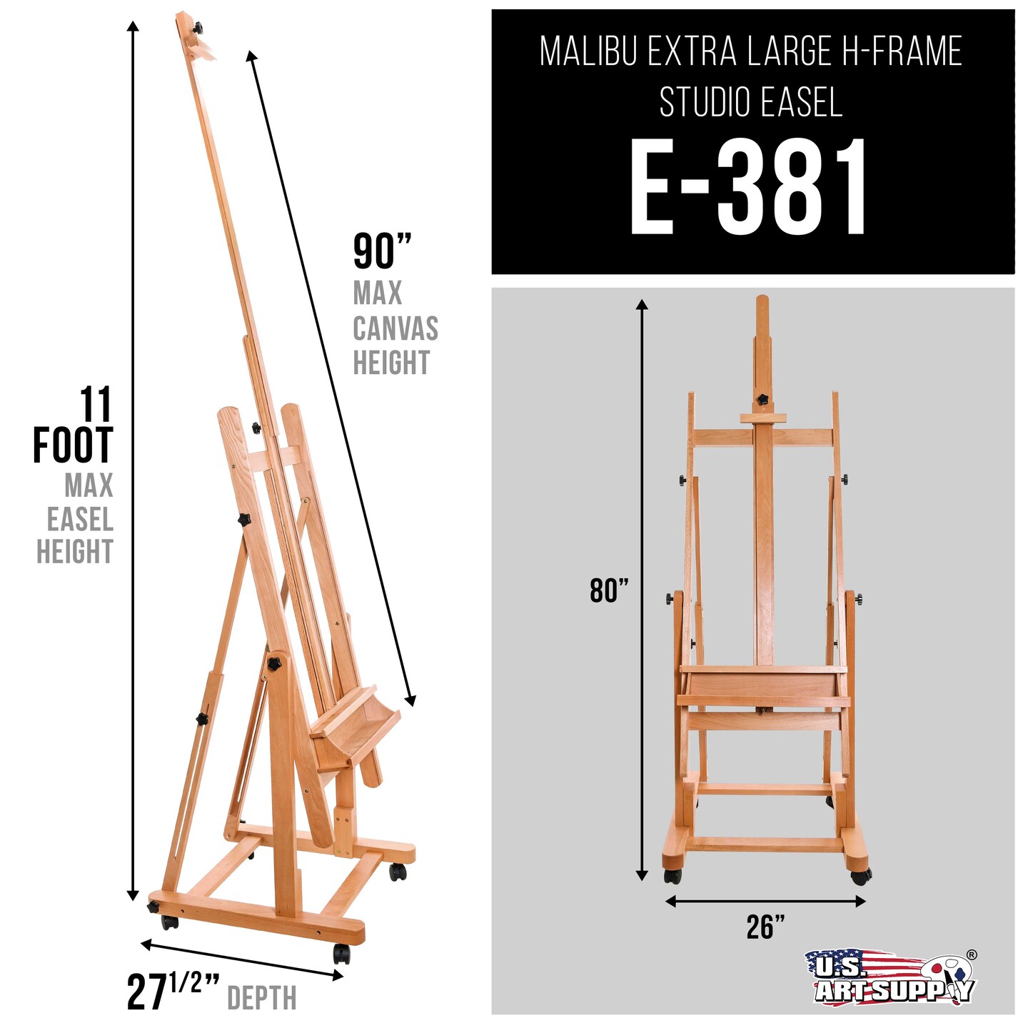 Malibu Heavy Duty Extra Large Adjustable H-Frame Studio Easel, Artist Storage Tray - Tilts Flat, Sturdy Wooden Beech Wood Painting Canvas Holder Stand