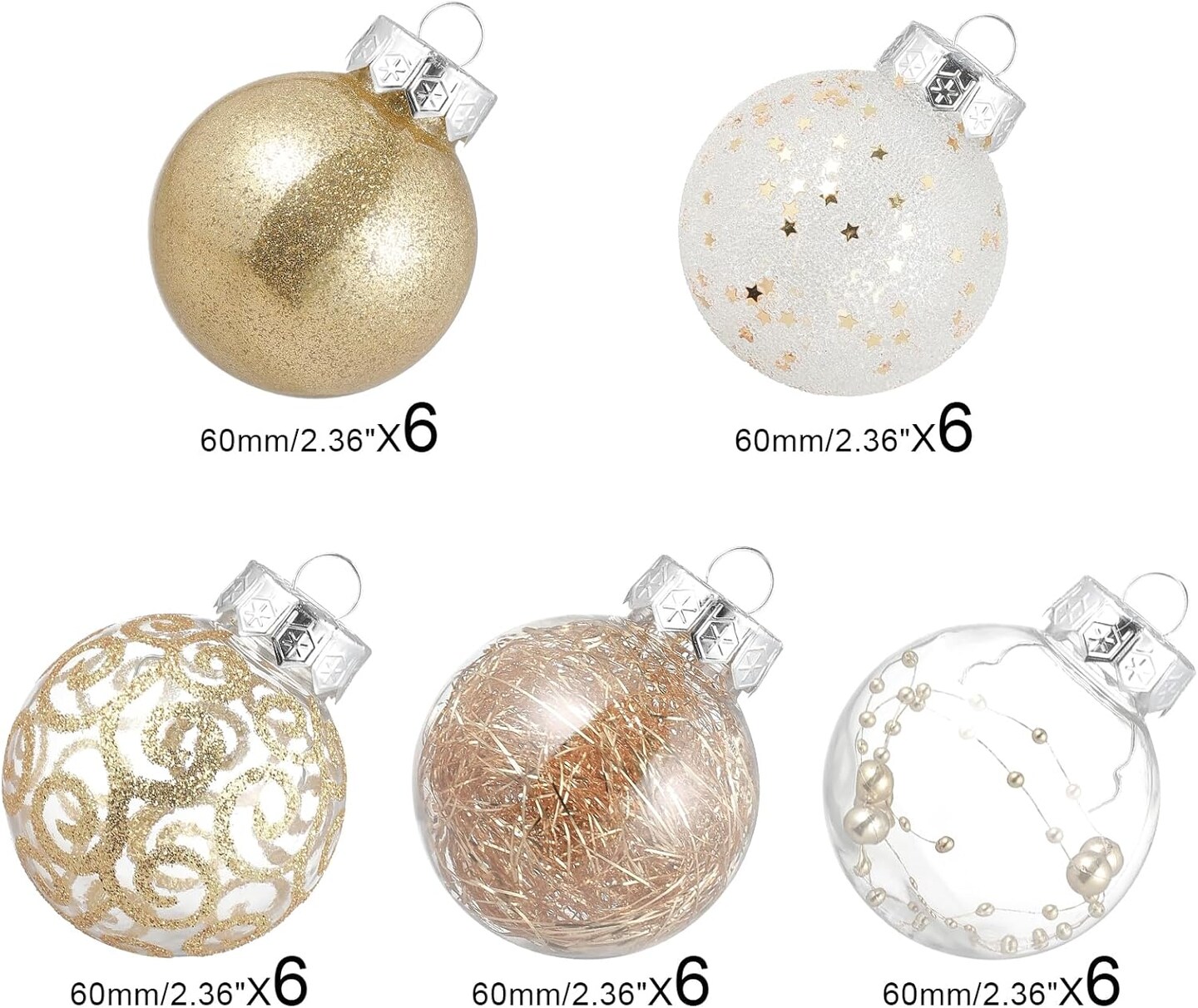 Clear Christmas Ball Ornaments Set, 30pcs 2.36&#x22; Shatterproof Large Clear Plastic Hanging Christmas Tree Ornaments Sets Ball Decorative with Stuffed Delicate Decorations- Champagne