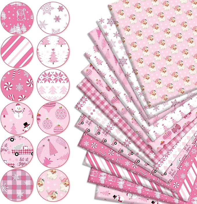 12Pcs Pink Christmas Cotton Fabric Bundles 18 x 22 Inch Xmas Tree Santa Snowflake Fat Quarters Pink White Sewing Fabrics for Xmas Winter DIY Craft Party Decor