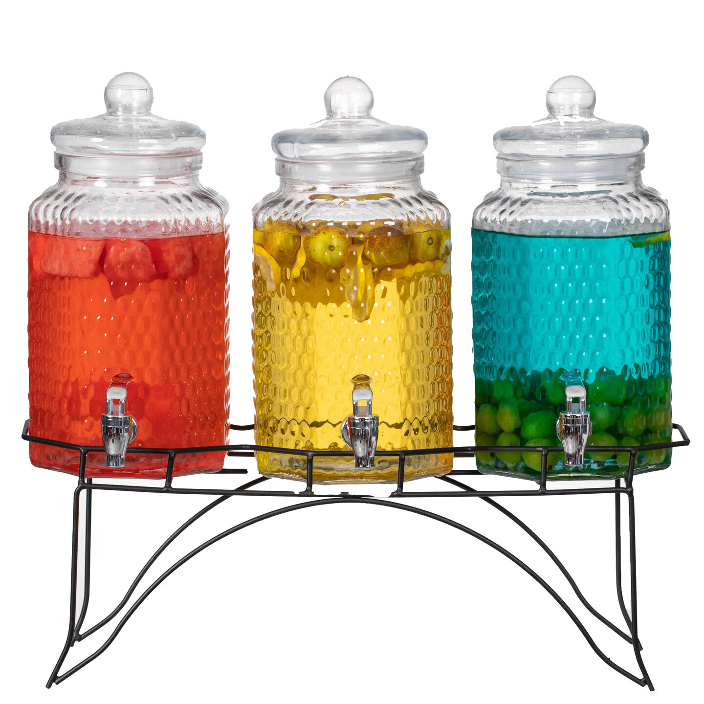 Basicwise 3-Piece Glass Drink Dispenser Set with Metal Stand and Stainless Steel Spigot - Beverage Dispensers for Lemonade, Juice, Water, Iced Tea, and Punch - Ideal for Tea Party and Other Occasions