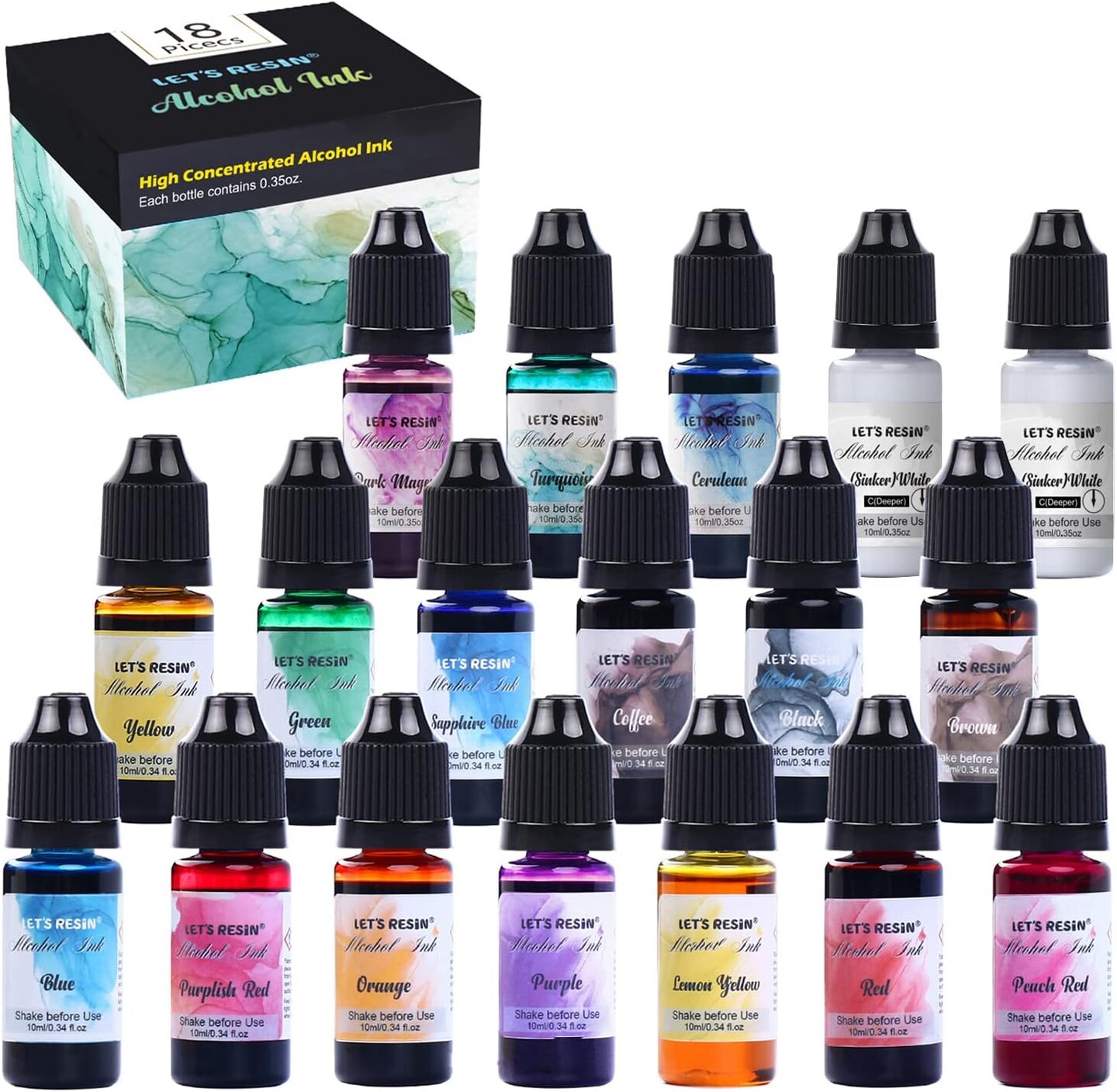 Alcohol Ink Set Epoxy Resin Dye- LET&#x27;S RESIN Vibrant Colors Alcohol Ink for Epoxy Resin, Concentrated Alcohol Based Resin Ink for Tumblers,Epoxy Resin Molds,Alcohol Inks Art (Each 0.35oz x 18 Bottle)