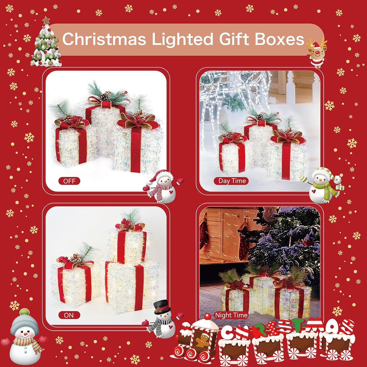Set of 3 Christmas Lighted Gift Boxes, Pre-lit 60 LED Light Up Present Boxes Ornament for Christmas Decorations Indoor Outdoor Home Yard Xmas Tree Holiday Party Lawn Porch (Tinsel)