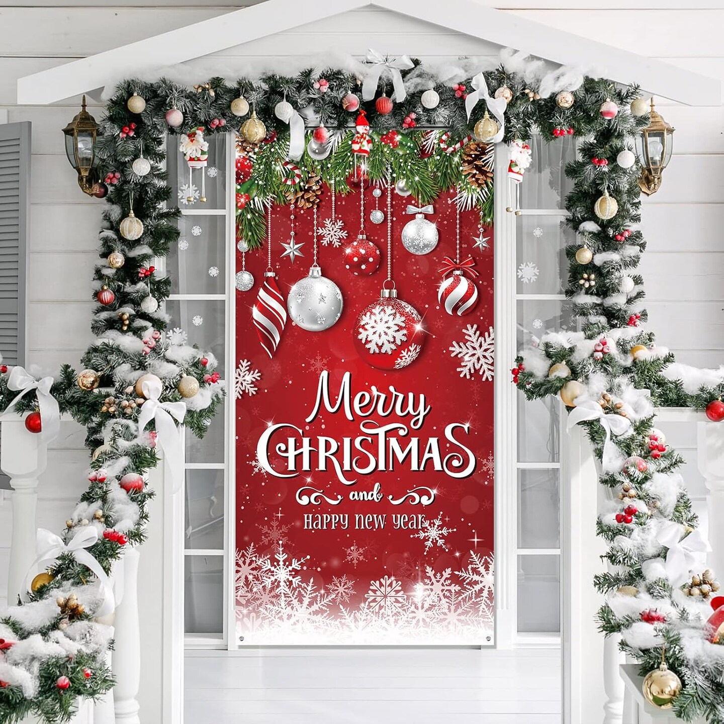 Christmas Door Cover Snowflake Merry Christmas Background Banner Xmas Fabric Door Banner Photography Hanging Cover Photo Booth Props Decorations for House Door Decor, 70.9 x 35.4 Inch