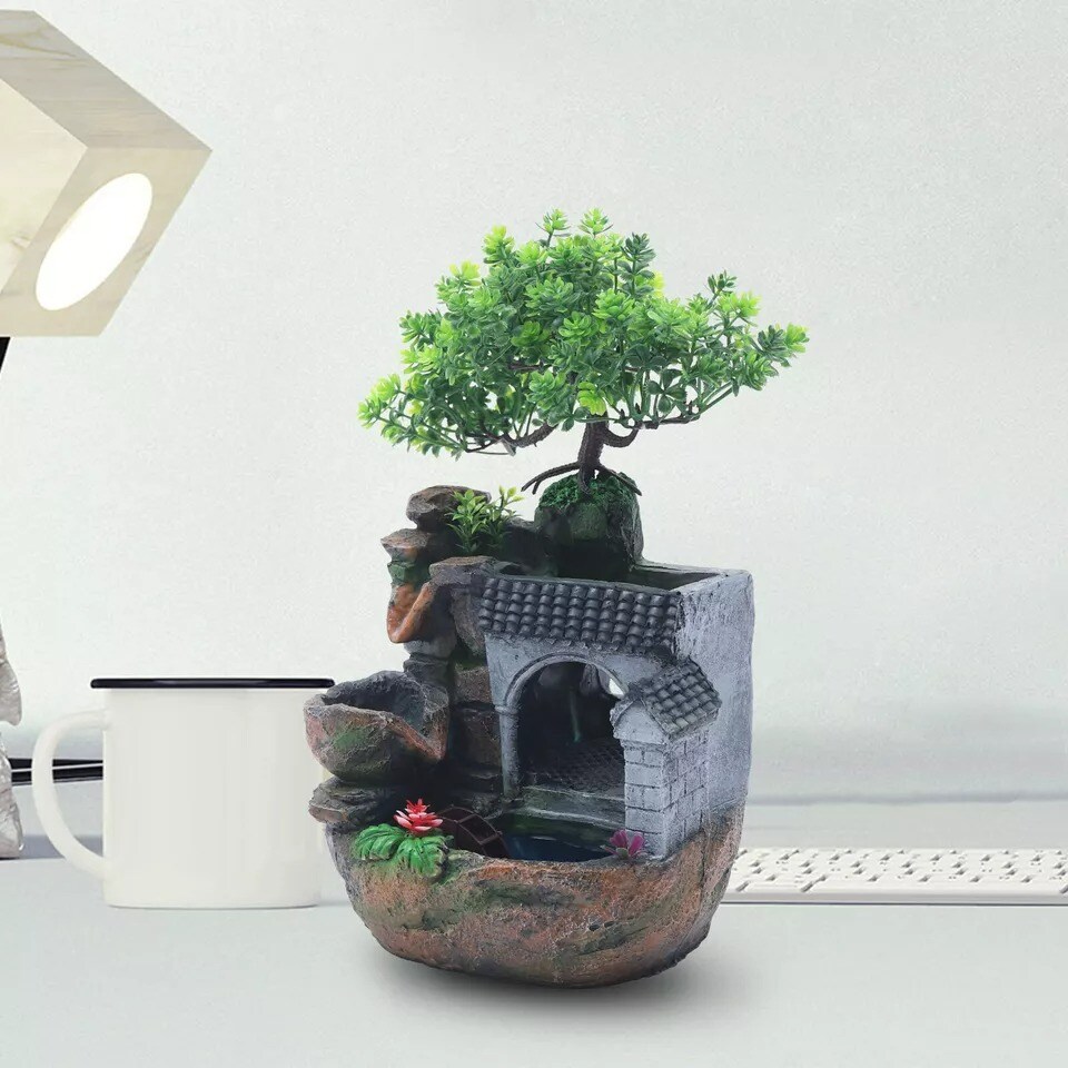 LED Desktop Water Fountain Waterfall Ornament w/ Pump Office Home Indoor Decor