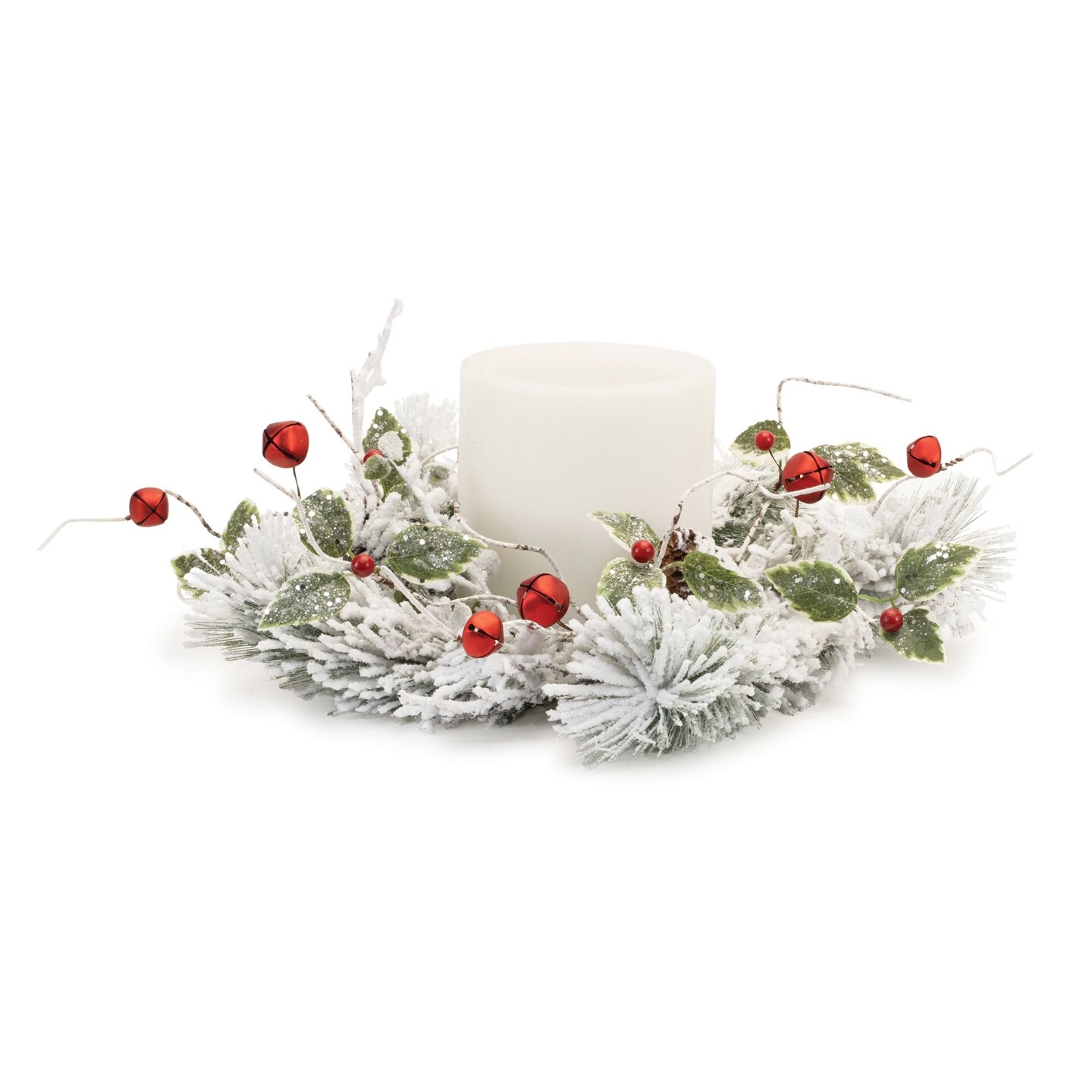Melrose Flocked Pine Holly Sleigh Bell Christmas Candle Ring - 18&#x22;