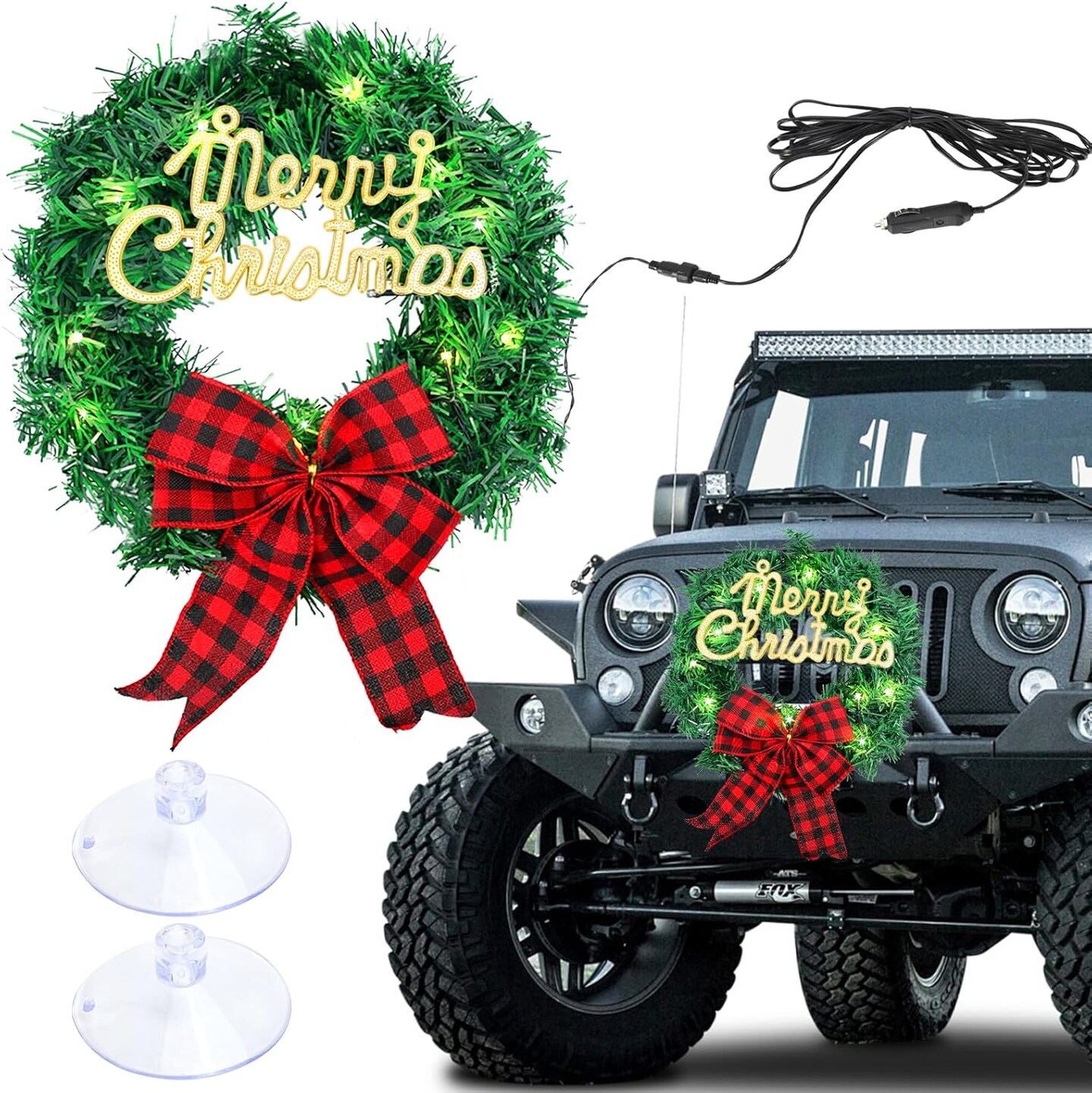 11.8" Christmas Car Wreath,Lighted Xmas Decoration for Car Front Grill,12V Plug-in Christmas Lighting Wreath with Bow for Trucks SUVs RVs