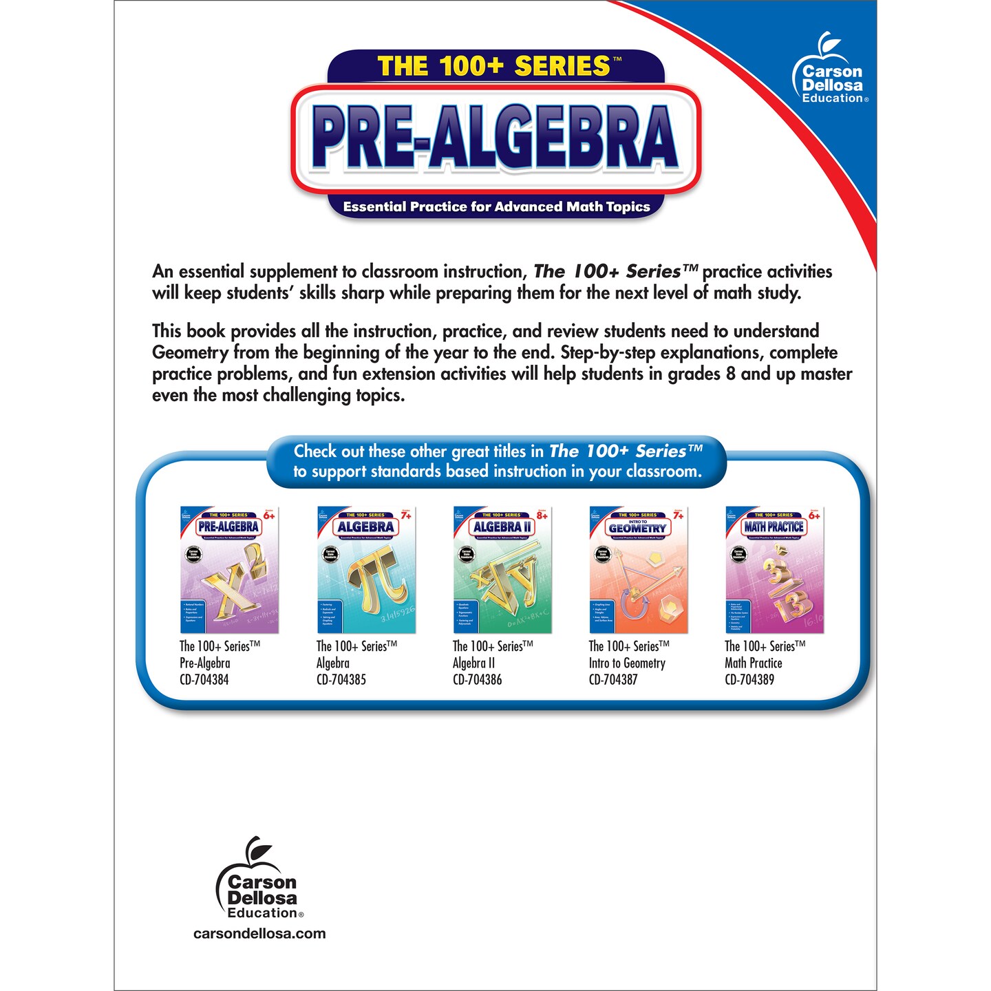 Carson Dellosa The 100+ Series: Grade 6 and Up Pre-Algebra Workbook, Fractions, Decimals, Algebra Expressions, Grades 6-8 Middle School Math Workbook, Pre Algebra Classroom or Homeschool Curriculum