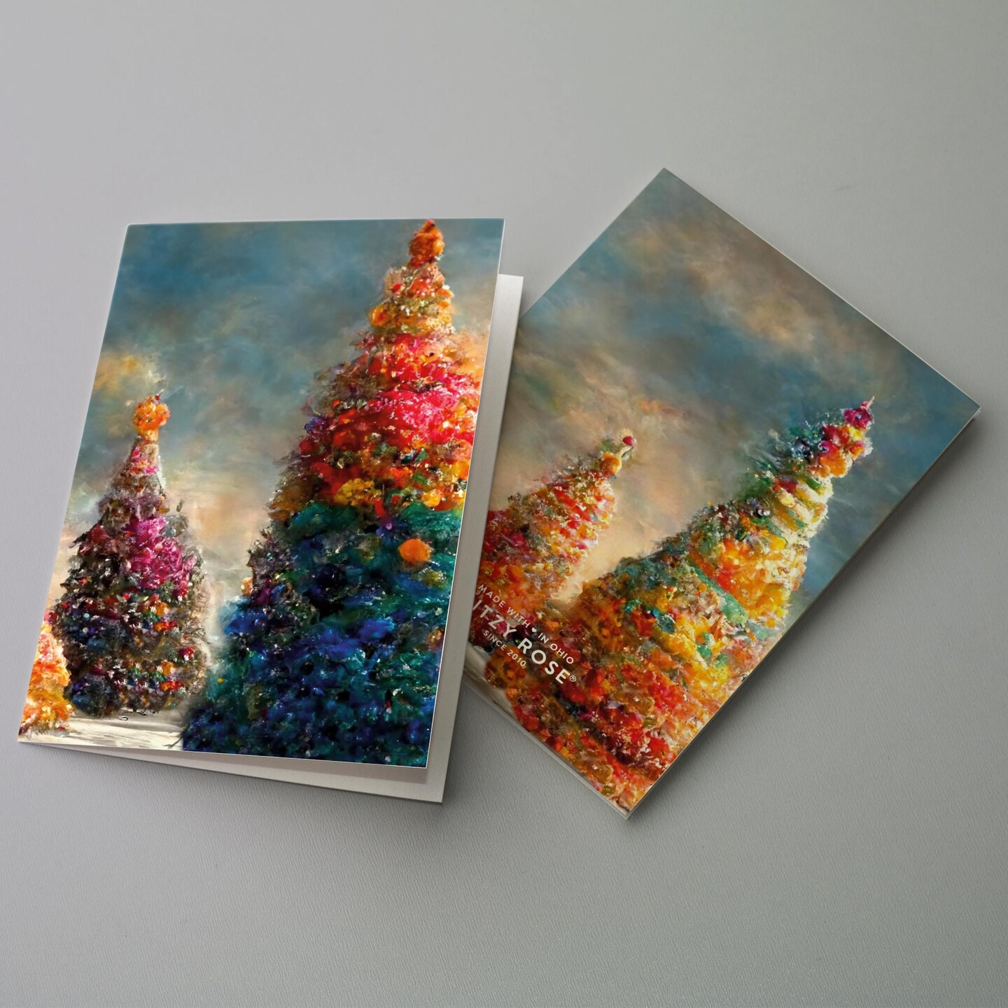 Colorful Christmas Tree Cards - 24-Pack Holiday Greeting Cards with 4 Vibrant, Artistic Tree Designs, Perfect for Sharing Merry Christmas & Holiday Wishes, Blank Inside for Personalized Messages - Bright and Festive Stationery Set