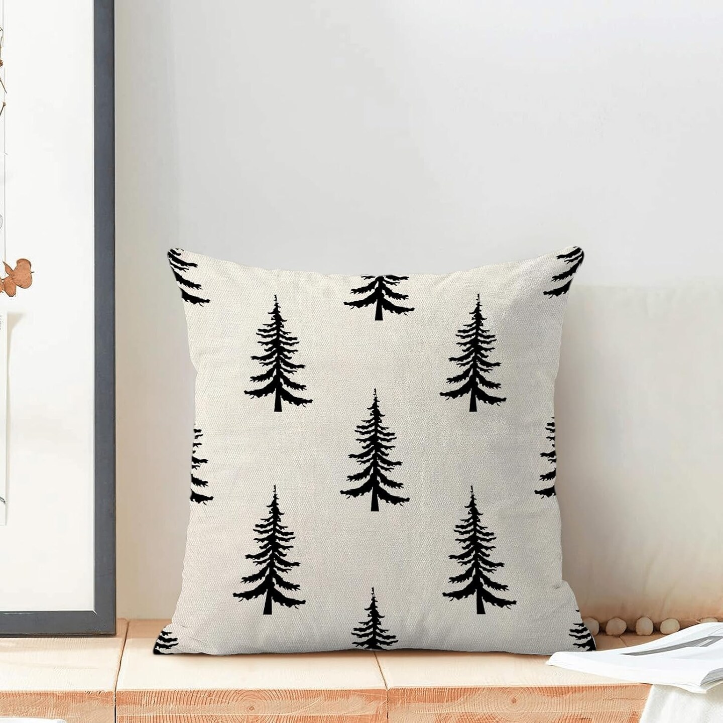 Christmas Pillow Covers 18x18 Inch Set of 2 Cream Black Christmas Tree Decor Throw Pillows Winter Xmas Holiday Outdoor Cushion Cases for Couch Bed Decorations