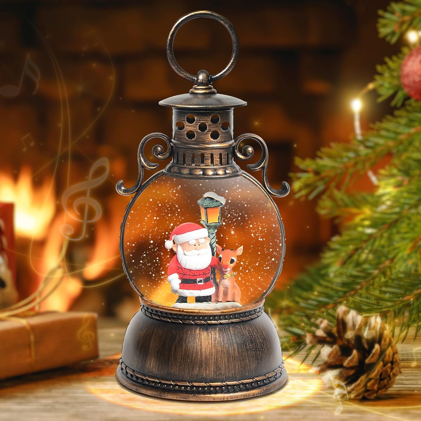 Christmas Snow Globes, Santa Claus and Deer Christmas Lantern with 8 Songs, 6H Timer Battery &#x26; USB Powered Glitter Music Box for Christmas Table Decorations Holiday