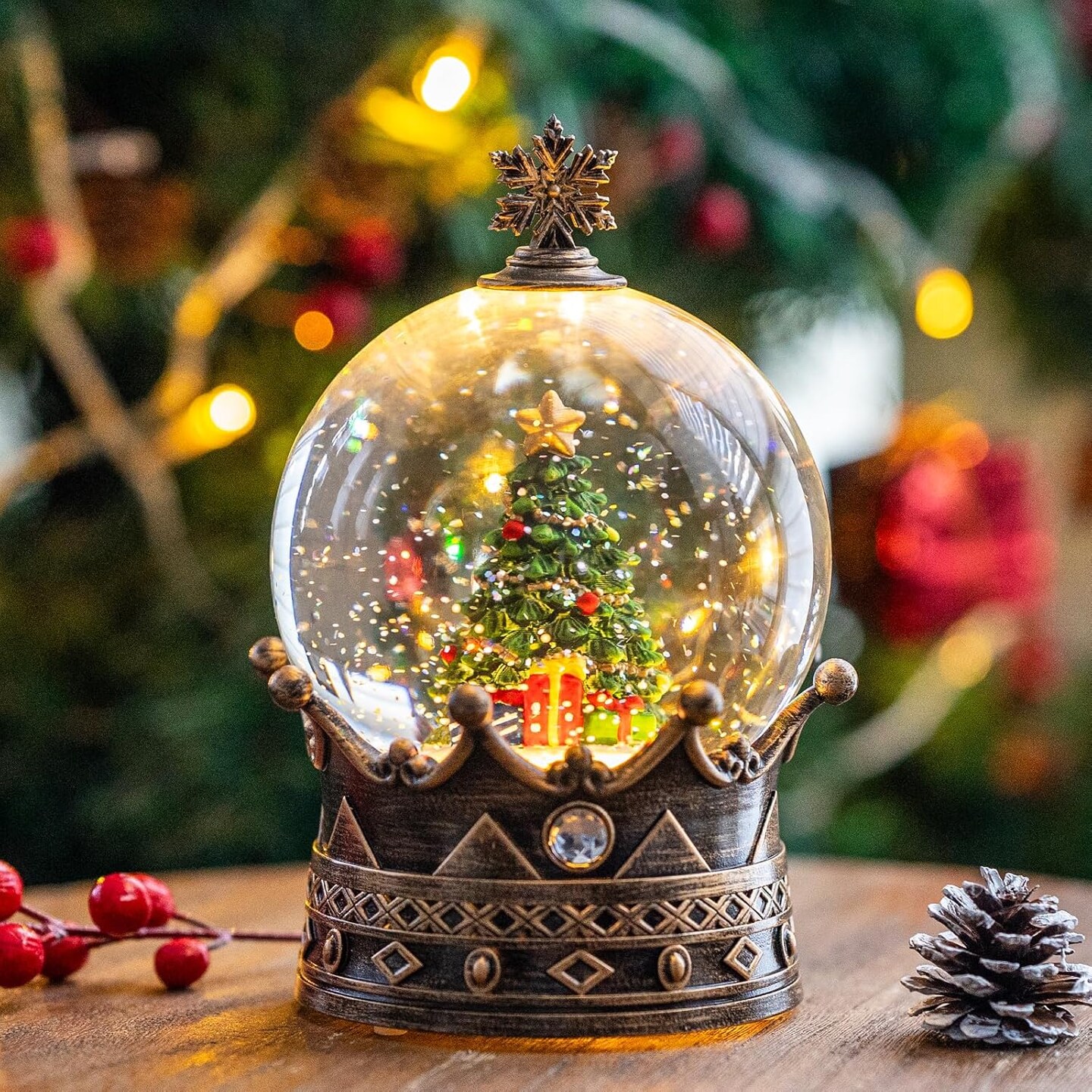 Christmas Snow Globes, Christmas Tree Gift Water Lantern, 8 Christmas Music, USB Powered &#x26; Battery, Holiday Decorations Gifts for Family Children or Friends