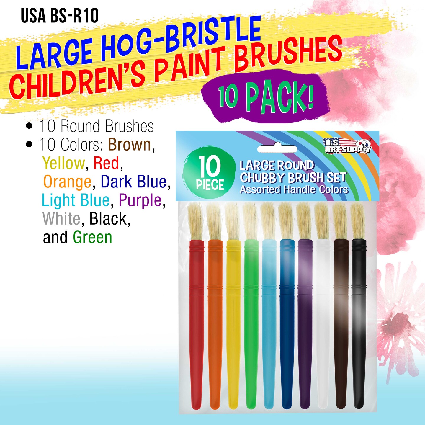 U.S. Art Supply 10-Piece Large Round Children&#x27;s Chubby Hog Bristle Tempera Paint Brush Set - Fun Kid&#x27;s Party, School, Student, Class Craft Painting