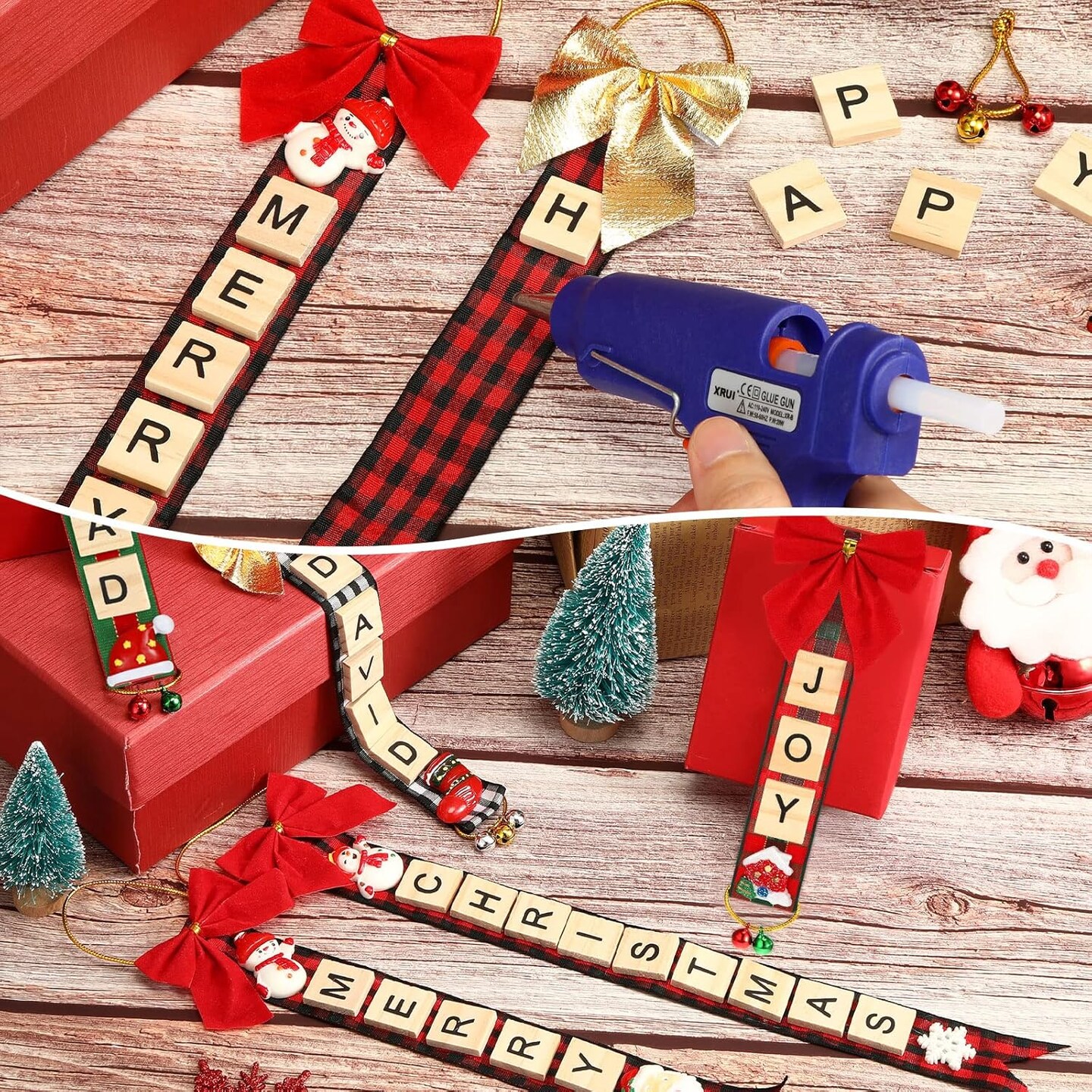 299 Pieces Christmas Ornaments Tree Decorations Personalized Crafts Kit DIY Ribbon Letter Tiles Bells Bows Hanging Rustic Stockings Hot Glue Gun Name Tags with Glue Sticks(Stylish)
