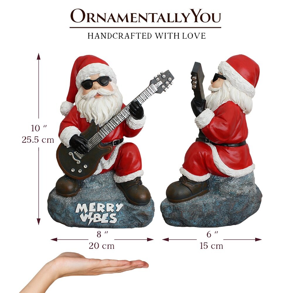 Merry Vibes Rockstar Santa Christmas Figurine, 10&#x22; Rock n Roll Lover Gift Garden Statue