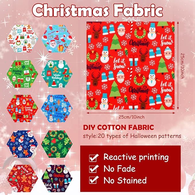 20 Pieces Christmas Fabric Fat Quarters Christmas Fabric Bundles Precut Fabric Squares Christmas Tree Snowflake Printed Fabric Scraps for Dress Apron DIY Crafts (Vivid Pattern, 10 x 10 Inch)