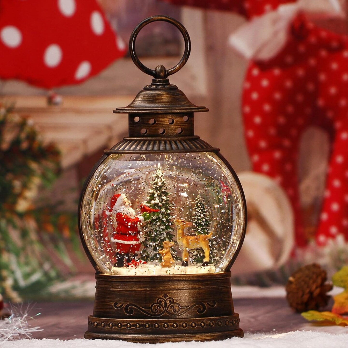 Christmas Snow Globes, Lighted Christmas Decorations Musical Snow Globes Lantern, Santa Christmas Decoration Indoor Home Décor & Gift, 6H Timer, USB/Battery Operated,