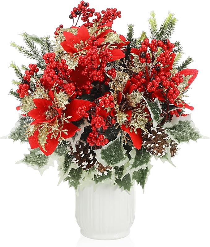 Table Centerpieces Fake Christmas Flowers Bouquets Floral Arrangement Pine Branches with Holly Berry Stems for Winter Xmas Holiday Home Decor