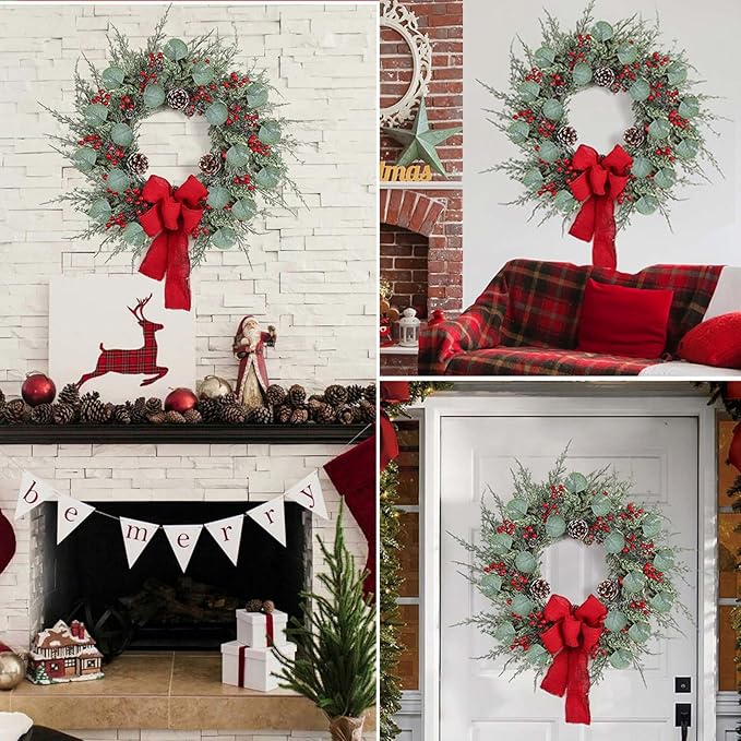 20 Inch Artificial Christmas Wreath Christmas Wreaths for Front Door with Pine Needles Pine Cones Red Berries Eucalyptus Leaves Red Bow for Home Office Wall Window Fireplace Winter Holidays