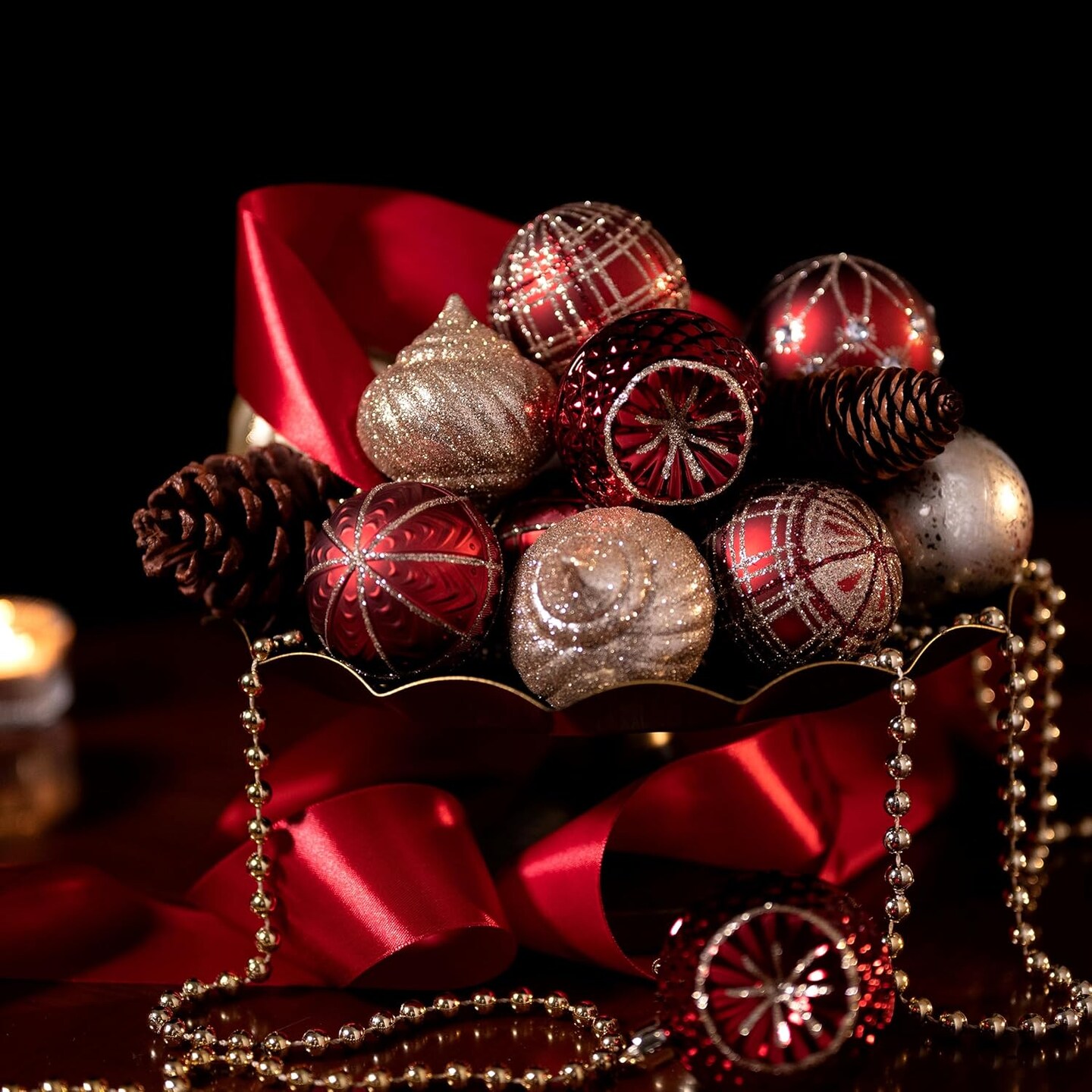 2.36 Inches Christmas Tree Ornaments Set, 16ct Burgundy and Gold Shatterproof Christmas Tree Decorations Bulk, Luxury Hanging Ball Ornaments for Xmas Trees Holiday Decor