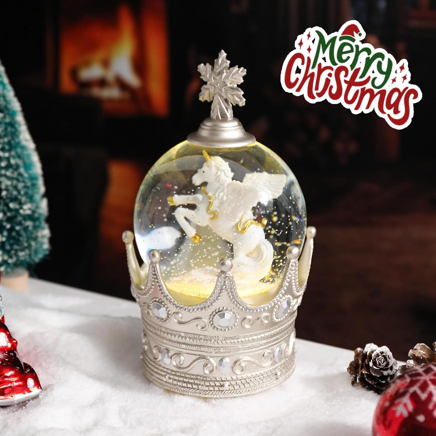 Christmas Snow Globe, Crown White Horse Musical Snowglobe with Swirling Glitter Snowflakes Lighted Christmas Decorations Tabletop Home D&#xE9;cor