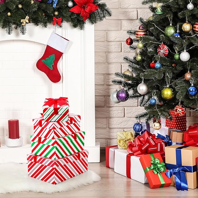 Boxes Red White Striped Christmas Boxes Hard Xmas Stackable Boxes with Lids Decorative Xmas Nested Present Boxes for New Year Birthday Party Gift Decor Supplies