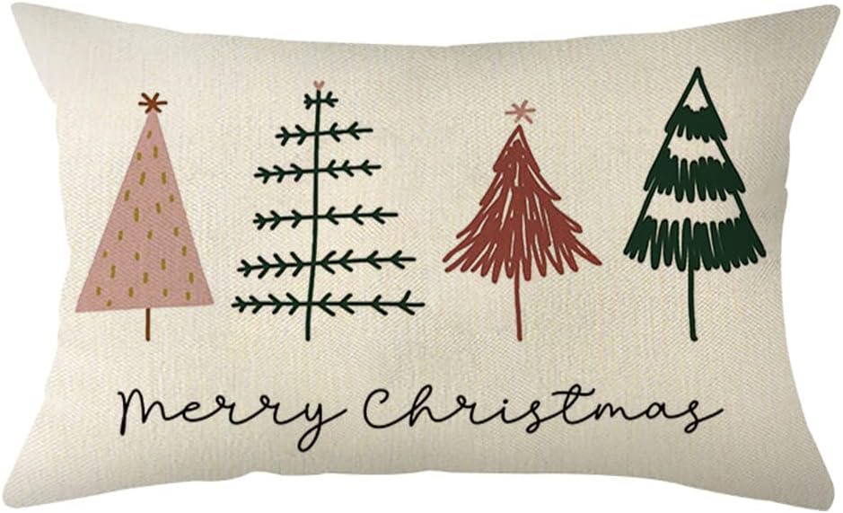 Watercolor Christmas Tree Throw Pillow Cover, 12 x 20 Inch Holiday Merry Christmas Cushion Case Decoration for Sofa Couch