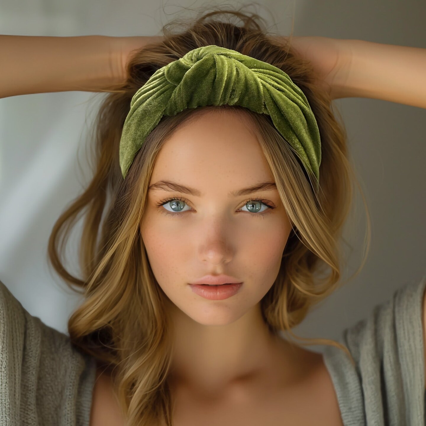 Wrapables Wide Knotted Velvet Headbands, Top Knot Velvet Headbands for Women and Girls, Apple Green